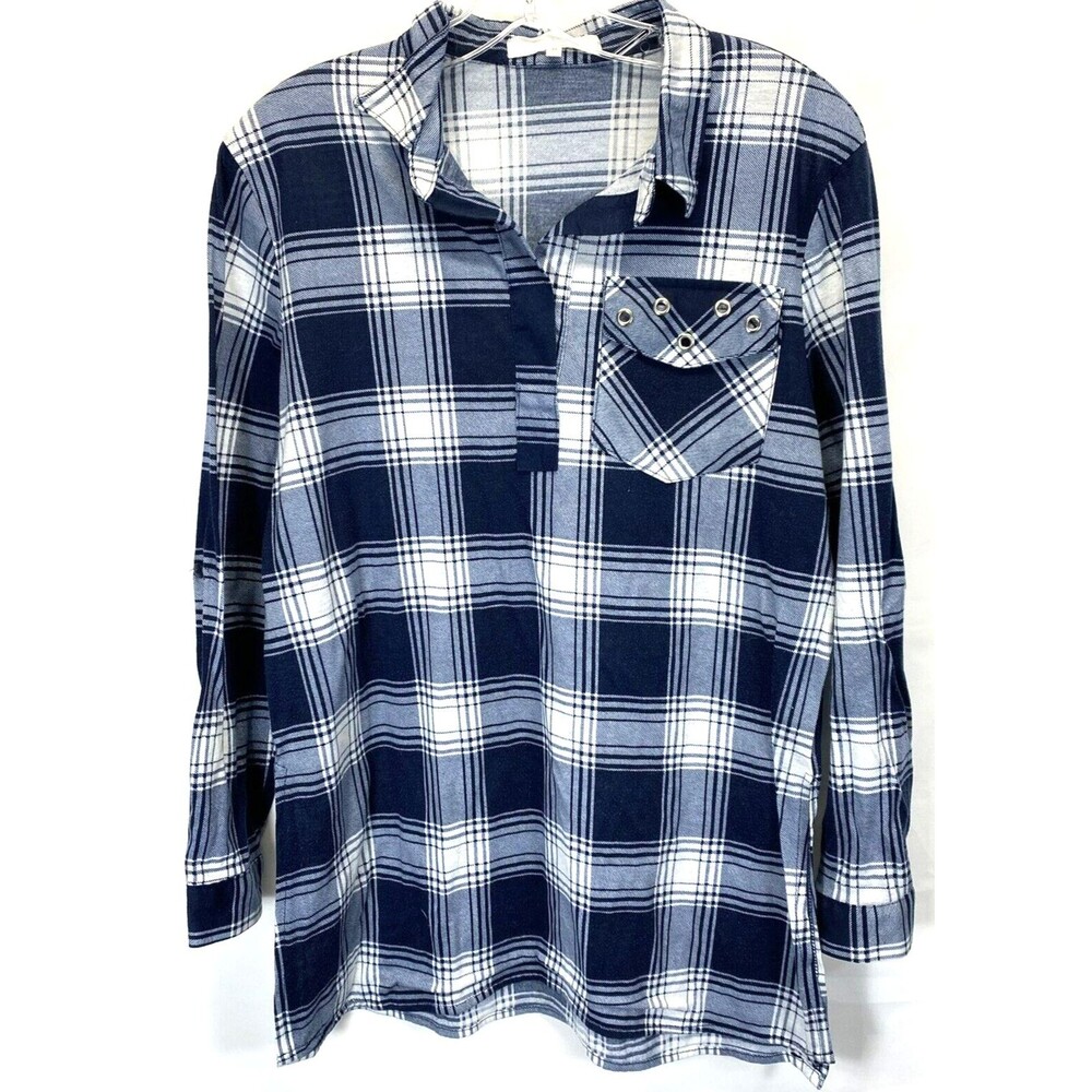 Eden Olivia Women Shirt M Blue Plaid Rivet Pockets Stretch 9" Side Vents 40x23